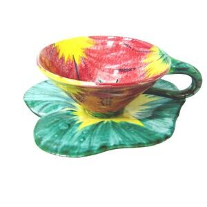 El Pottery Cup Saucer Set Lilly Pad Coffee Tea Lg 9" Plate Studio Art Floral New